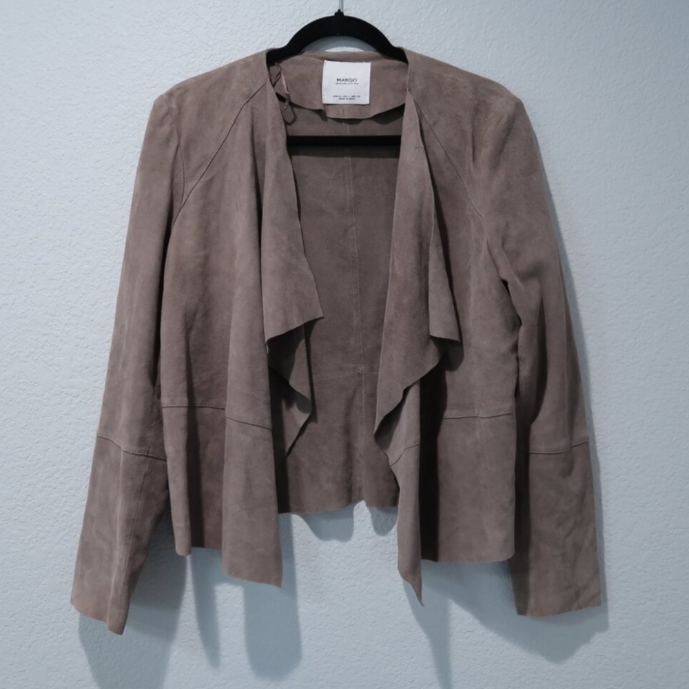 Mango Leather Jacket Womens Drape Front Suede Blazer Open Jacket Long Sleeve L - Picture 1 of 8
